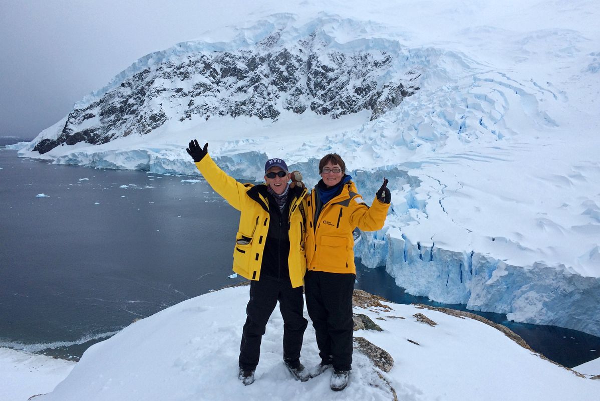 08C Jerome Ryan, Dangles And Charlotte Ryan On The Highpoint Of Neko Harbour With The Glacier Behind On Quark Expeditions Antarctica Cruise